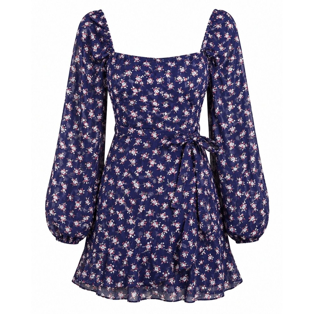 Altar'd State Floral Mini Dress Womens Medium Navy Blue Good Smocked Puff Sleeve